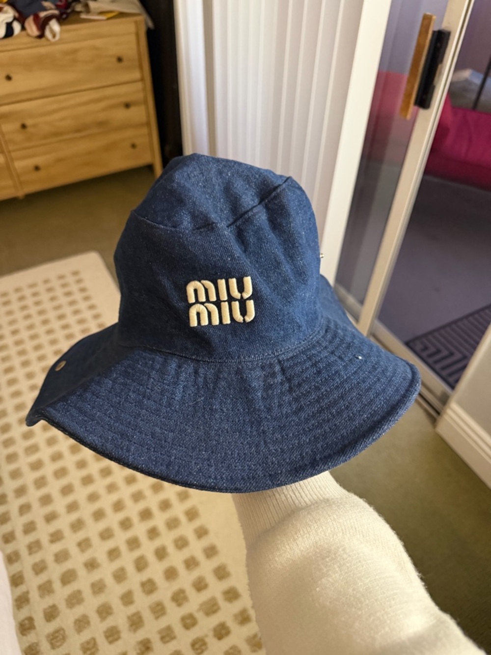 Miu Miu Navy Blue Denim Bucket Hat with White Logo